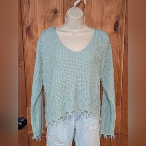 Freshman Light Green V-Neck Distressed Sweater‎